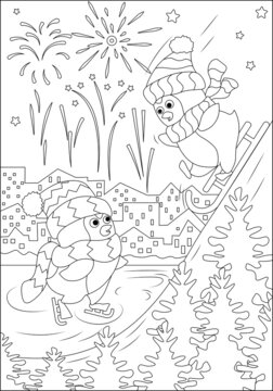 Coloring book for children. Two cute penguins. One is skating and the other is sledding from the mountain. Flat vector illustration for children's books and magazines