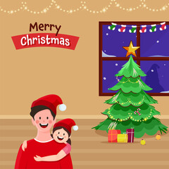 Fototapeta na wymiar Merry Christmas Concept With Cheerful Girl Hugging Her Father, Decorative Xmas Tree And Lighting Garland On Brown Background.
