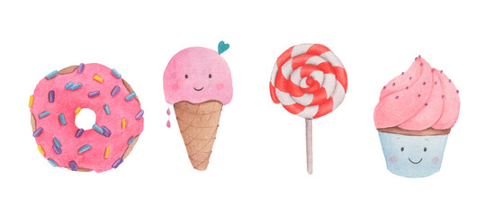 a set of watercolor illustrations of sweets: donut, ice cream, 
cupcake,caramel. For stickers and transfer tattoos