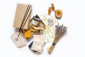 Wellness, mental health. Gift for meditation at home with palo santo care aromatherapy, wellness,...