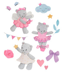Fototapeta premium a set of watercolor illustrations of bears of girls in dresses with additional elements: a cloud, a bow, a garland, etc