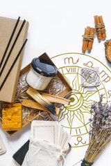 Wellness, mental health. Gift for meditation at home with palo santo care aromatherapy, wellness, meditation, spa, relaxation, occult, spiritual cleansing