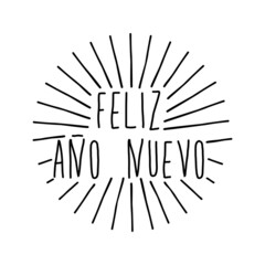 Banner con frase Feliz Año Nuevo en español manuscrito con líneas en círculo en color negro, para su uso en invitaciones y tarjetas de felicitación