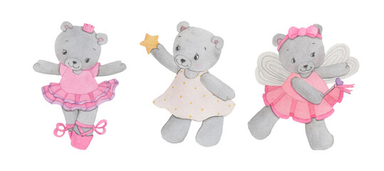 A set of watercolor illustrations of bear girls in dresses, ballerinas, with a star and fairies. For any children's decor.