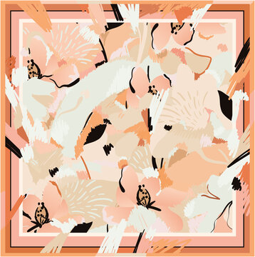 Hand drawn modern blossom abstract silk scarf design. Trendy artistic floral illustration. Fashionable vector template for design.
