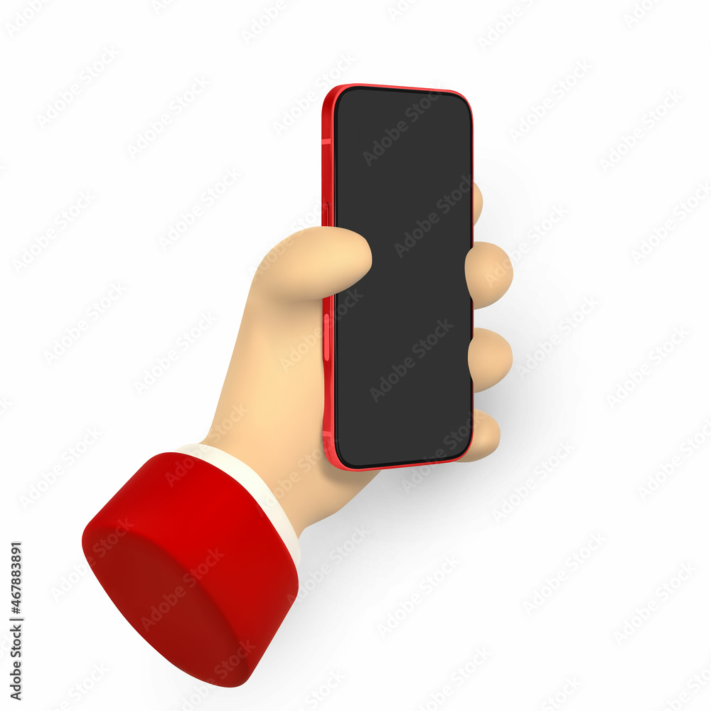 Poster cartoon character hands with smart phone, scrolling or searching for something. 3d render hand busin