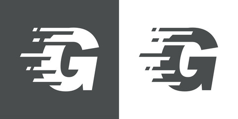Símbolo rapidez. Logotipo con letra inicial G con líneas de velocidad en fondo gris y fondo blanco - obrazy, fototapety, plakaty