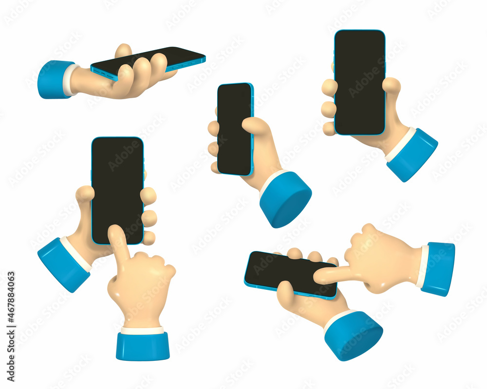 Poster cartoon character hands with smart phone, scrolling or searching for something. 3d render hand busin