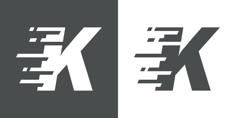 Símbolo rapidez. Logotipo con letra inicial K con líneas de velocidad en fondo gris y fondo blanco