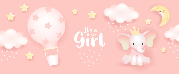 Baby shower horizontal banner with cartoon hot air balloon,clouds and stars on pink background. It's a girl.