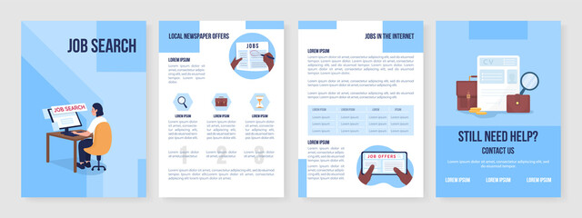 Job search flat vector brochure template. Candidate look for work. Flyer, booklet, printable leaflet design with flat illustrations. Magazine page, cartoon reports, infographic posters with text space