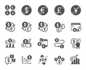 Currency icons. Cash money, Euro Dollar transfer and Currency exchange. Financial rate, Change money and Euro Pound trade icons. Dollar transfer, Stock trade and Wallet with cash. Vector