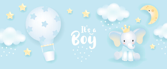 Baby shower horizontal banner with cartoon hot air balloon, clouds and stars on blue background. It's a boy.