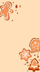 Vector christmas background.Christmas illustration with gingerbred in different shapes.Gingerman,house,star,christamas tree.Chhristmas background for banner,card,poster
