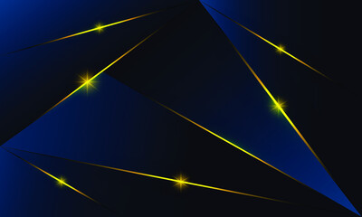 Abstract blue polygon triangles shape pattern background with golden line and lighting effect luxury style.