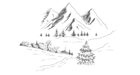 Christmas, New Year landscape with mountain. Vector illustration, sketch, drawing.