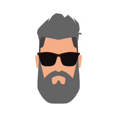Hipster icon. The head of a brutal man with gray hair and beard wearing sunglasses with brown frames. Vector illustration isolated on a white background for design and web.