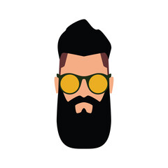 Hipster icon. The head of a brutal man with a brunette with a beard in round sunglasses with yellow lenses in a green frame. Vector illustration isolated on a white background for design and web.
