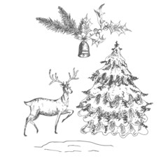 Christmas, New Year landscape with deer. Vector illustration, sketch, drawing.