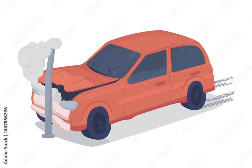 Poster car frontal collision against pole semi flat color vector object. full sized item on white. automobi