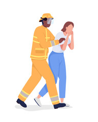 Fototapeta premium Firefighter rescuing scared girl semi flat color vector characters. Full body people on white. First responder duty isolated modern cartoon style illustration for graphic design and animation