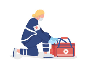 Female paramedic semi flat color vector character. Full body person on white. Licensed practitioner with emergency bag isolated modern cartoon style illustration for graphic design and animation - obrazy, fototapety, plakaty