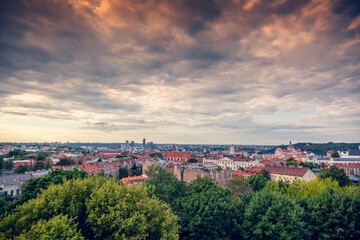 Vilnius is the capital of Lithuania at sunset, city view. Beautiful cityscape