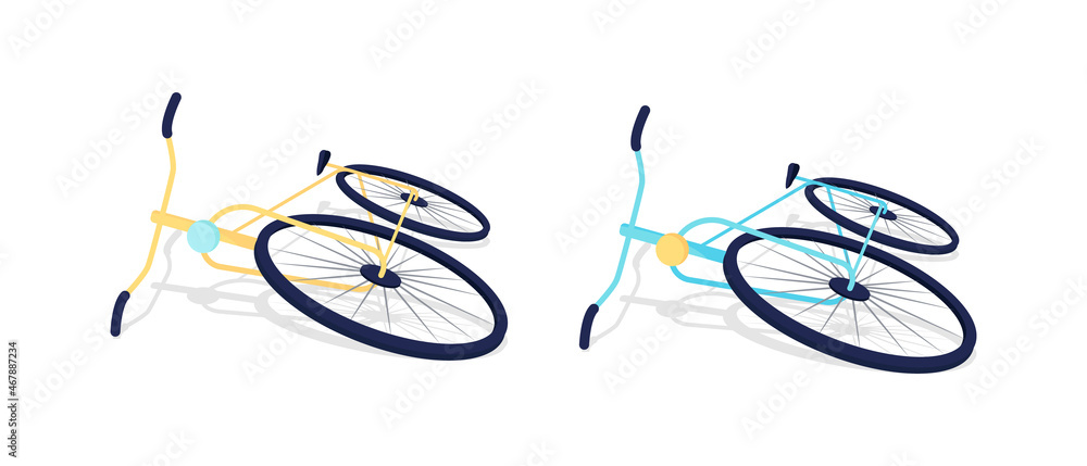 Poster bicycles lying on ground semi flat color vector objects set. full sized items collection on white. b