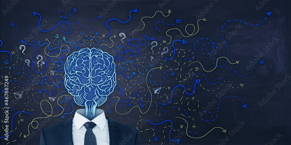 Poster abstract businessman with brain head on chalkboard wall wallpaper with arrows and thought icons sket