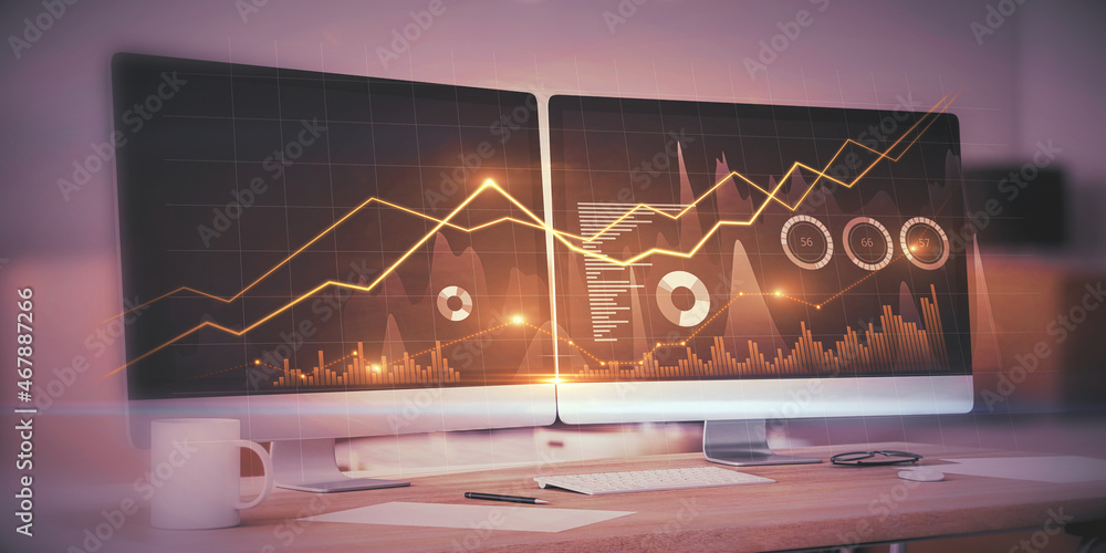 Aufkleber close up of pink office workplace with computer monitor and creative business chart hologram on blur