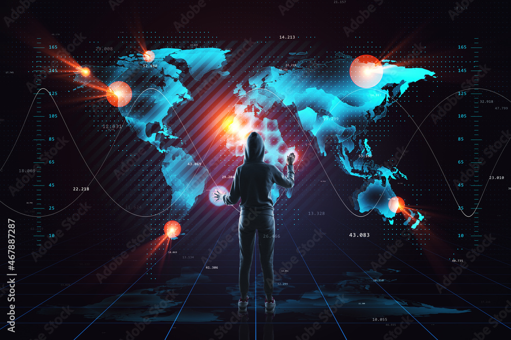 Poster Haker using creative glowing map hologram on dark background. Technology, hacking, future and planet concept.
