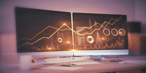 Close up of pink office workplace with computer monitor and creative business chart hologram on blurry background. Innovation, finance, trade, future, ai and technology concept. 3D Rendering.