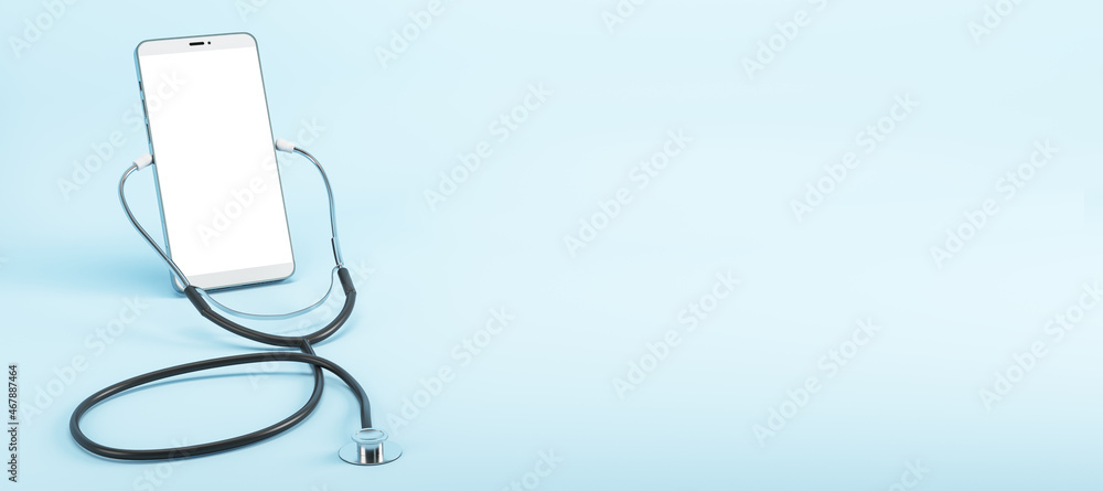 Poster close up of abstract empty phone screen with stethoscope on light wide panoramic background with moc