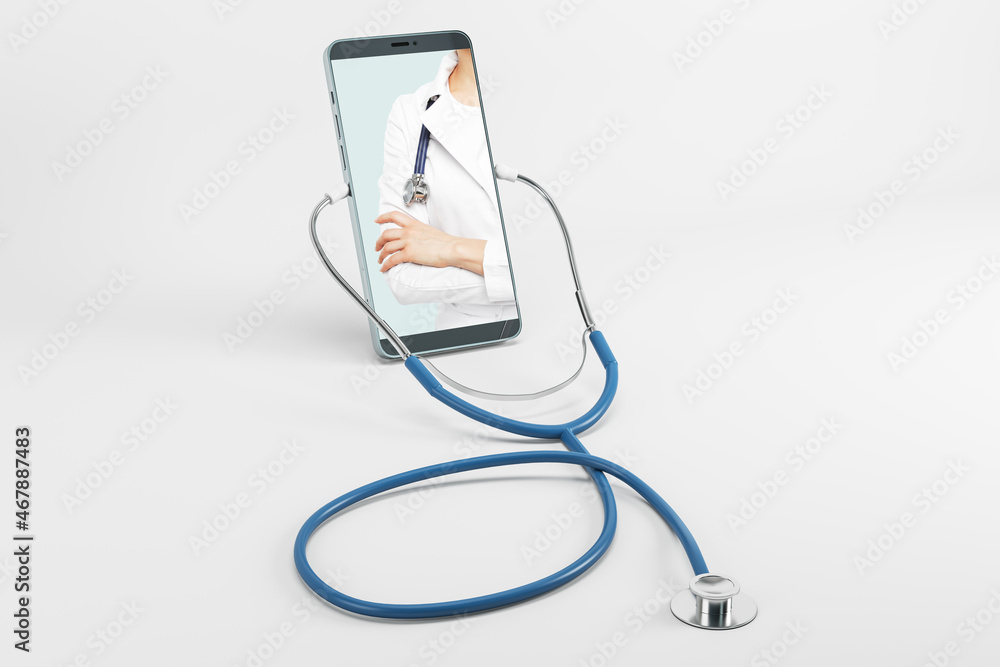 Poster close up of abstract empty smart phone screen with stethoscope on light background with mock up plac