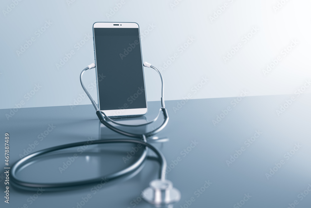 Poster close up of empty phone screen with stethoscope on light background with mock up place. online medic