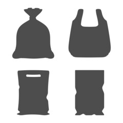 Set of black and white illustrations with plastic packages, bags. Isolated vector objects on a white background.