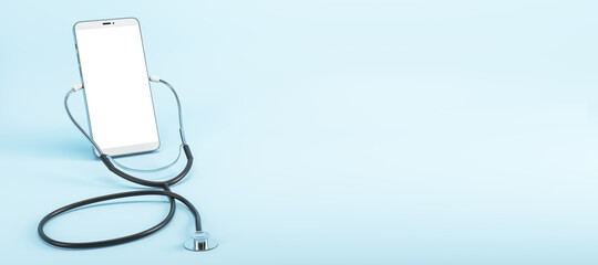 Close up of abstract empty phone screen with stethoscope on light wide panoramic background with mock up place. Online medicine, ask a doctor concept. 3D Rendering.