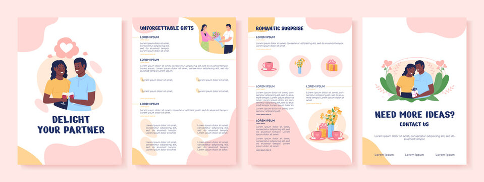 Delight your partner flat vector brochure template. Romantic idea. Flyer, booklet, printable leaflet design with flat illustrations. Magazine page, cartoon reports, infographic posters with text space