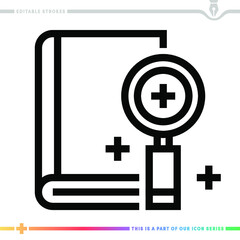 Obraz premium The editable line icon of a book review can be used as a customizable black stroke vector illustration.