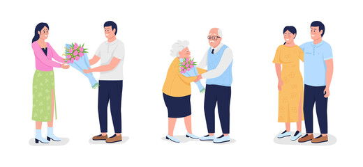 Fototapeta premium Expressing love with flowers semi flat color vector characters set. Full body people on white. Happy couples isolated modern cartoon style illustrations collection for graphic design and animation