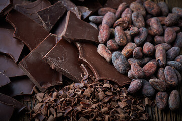 Composition of pieces of different milk and dark chocolate, grated cocoa beans on a background top view close up