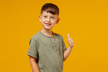 Little small smiling happy boy 6-7 years old wearing green casual t-shirt showing thumb up like...