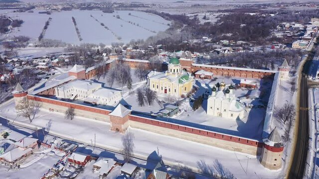 Winter aerial view of ancient fortified Kremlin in small Russian town of Zaraysk on sunny day, Moscow Oblast