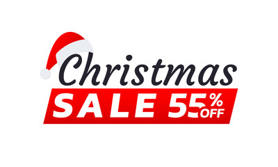 Christmas sale icon, label or banner. Xmas discount promotion poster or card template with Santa cap. 55 percent price off sticker design. Vector illustration.