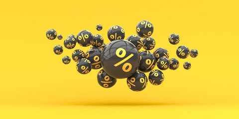 Black spheres with the image of yellow percent on a yellow background. Background for business ideas. 3d render illustration.