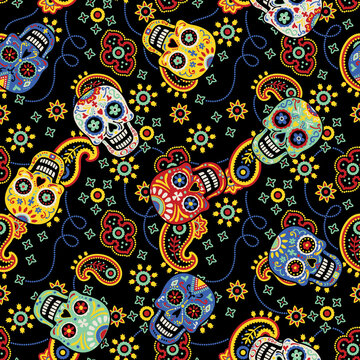 Cute day of the dead skulls with bandana paisley background vector seamless pattern