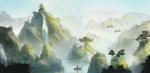 Chinese wind green spring landscape background illustration