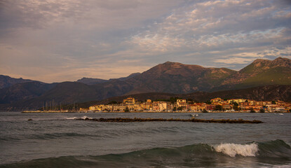 Saint Florent ,corsica France , seen from roya beach near sunset .
