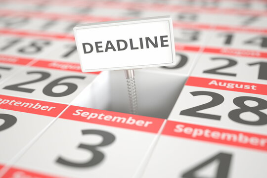 DEADLINE notice on August 27 in a calendar, 3d rendering