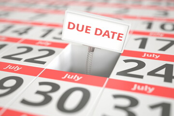 DUE DATE sign on July 23 in a calendar, 3d rendering